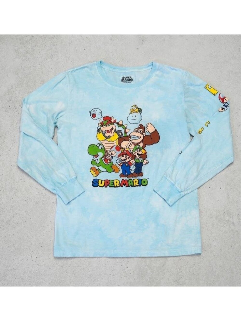 Super Mario Bros Long Sleeve Shirt Cloud Wash Blue All Characters Gang Adult L